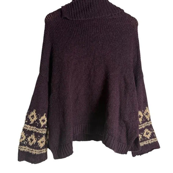 Free People Brown Fair Isle Split Turtleneck Wool Knit Winter Sweater M - Image 7
