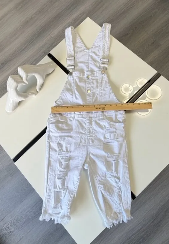 American Bazi White Distressed Denim Overalls - Size S (Fringe Hem) - Image 10