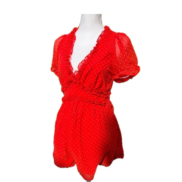 Altar'd State Bowie Romper Women's Sz Medium Red Polka Dot Ruffle - Image 5