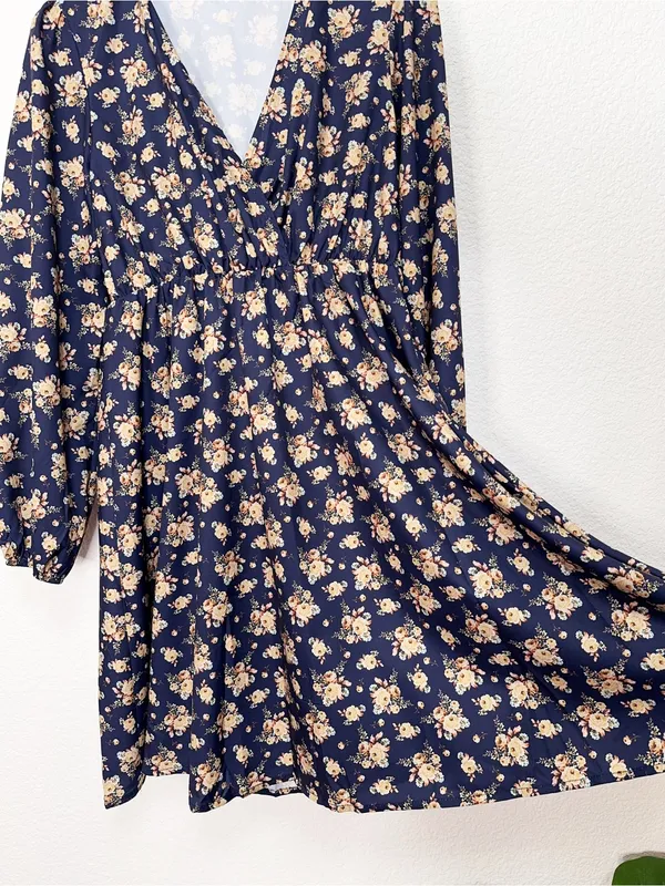 Miss Sparkling Navy Floral Surplice V Neck Elastic Waist Midi Dress NWOT - Image 4
