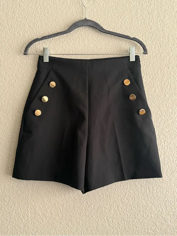 Zara NWT Black High Waist Sailor Shorts S Gold Button Tailored Nautical - Image 3