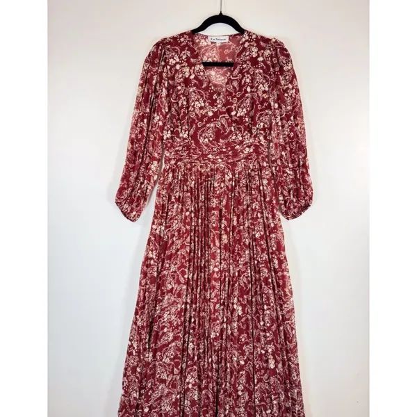 En Saison Womens Dress Red Maxi V Neck Floral Puff Sleeve Pleated Fairycore XS - Image 6