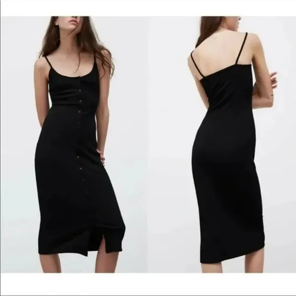 ZARA Ribbed Button Bodycon Midi Dress Strappy Stretch Slim Round Neck M Black - Image 10