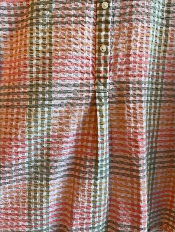 L.L.Bean Vacationland Seersucker Short Sleeve Popover Plaid Shirt Pink Green - Image 7