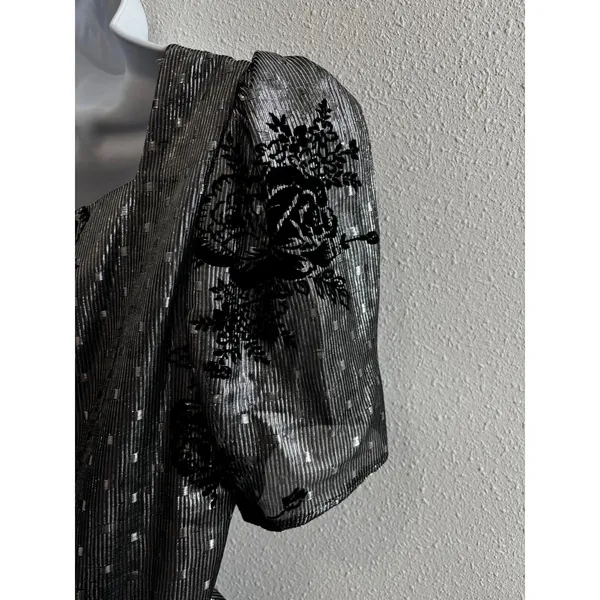 Vintage 80s Prom Lizzy & Johnny Dress Silver Black Metallic Velvet Whimsigoth - Image 13
