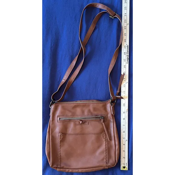 Cognac Brown Faux Leather Crossbody Bag with Whipstitch Detail and Multi Pockets - Image 6