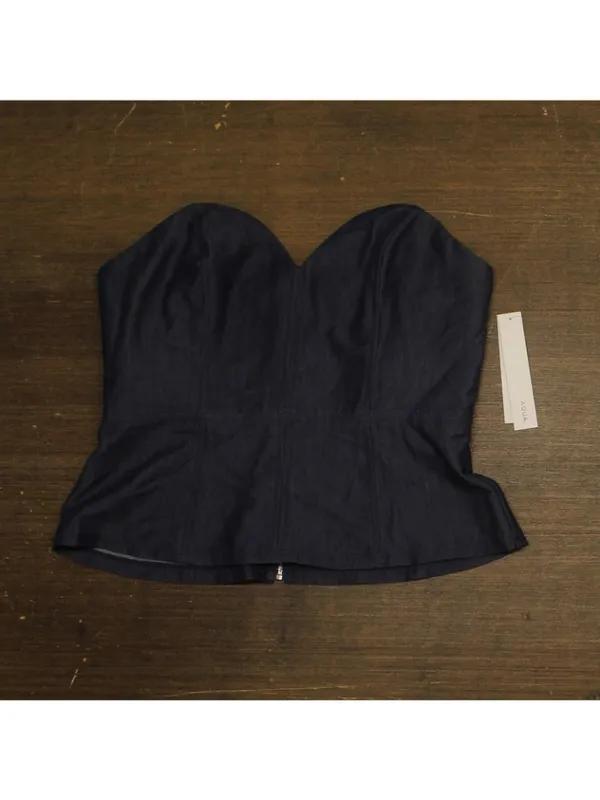 NWT Aqua Womens Bandeau Denim Bustier Top IBO26714 Dark Indigo Blue L - Image 2