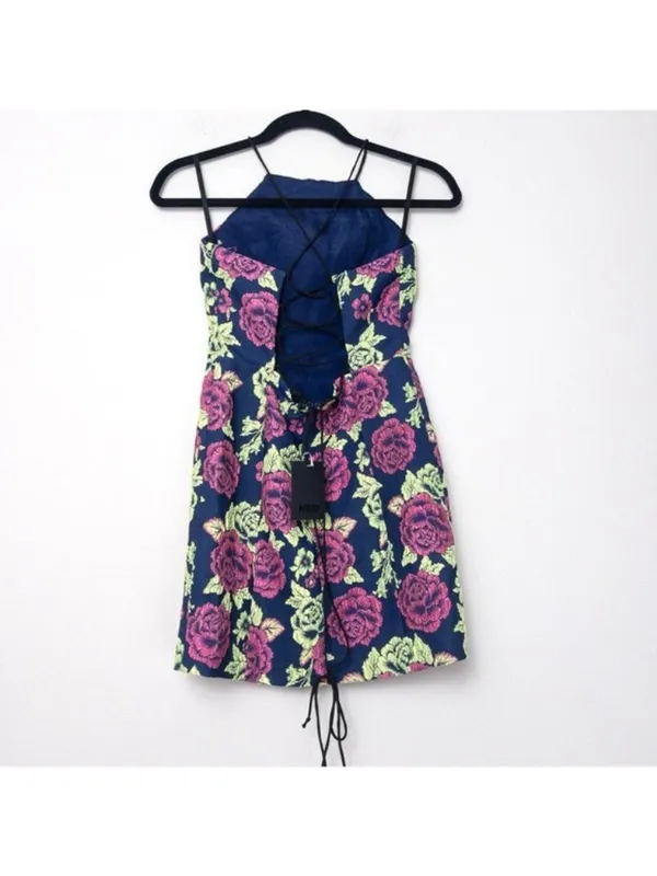 NWT NBD Embroidered Floral Mini Dress S Navy Blue Pink Green Lace Up Bodycon - Image 5