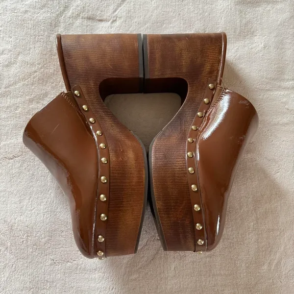 Wild Pair 3 Chunky Cappuccino Brown wooden platform clogs with gold stud details & a boho vibe - Image 2