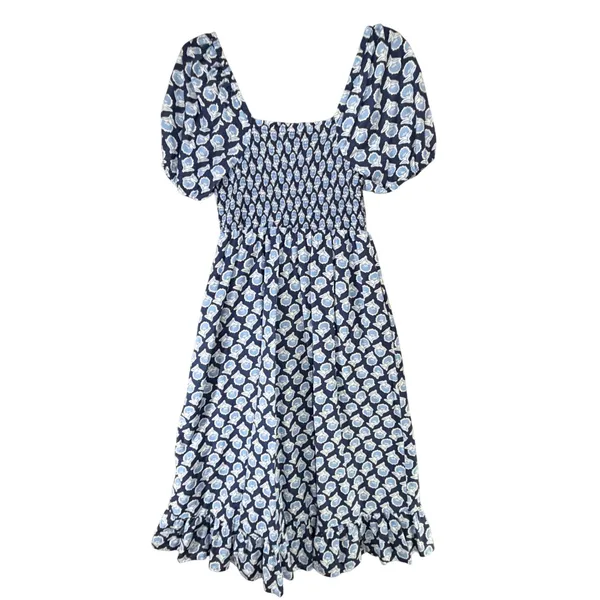 J Crew Smocked Midi Dress Women S Blue White Floral Puff Sleeves Cottage Boho - Image 6
