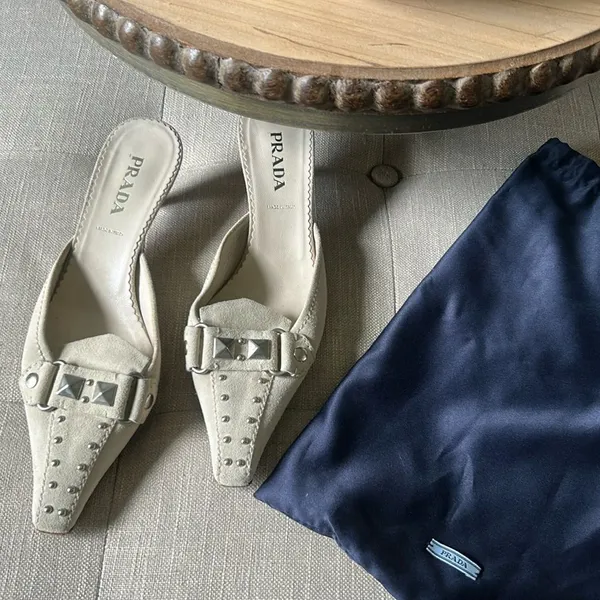 Prada Creme Suede Pointed Toe Kitten Heels Size 37.5 - Image 3
