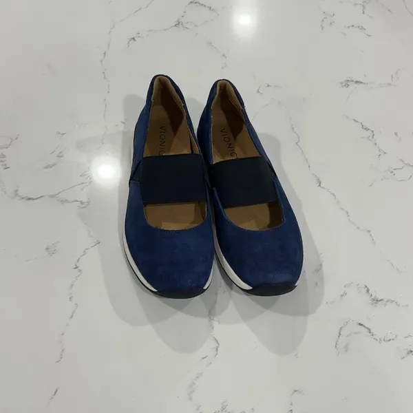 Vionic Navy Suede Slip-On Flats with Black Elastic - Image 2