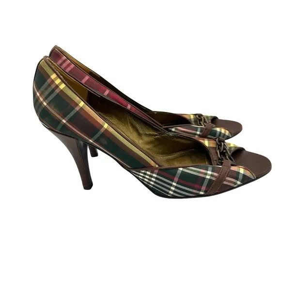 J.‎ Crew Plaid Peep Toe Heels Brown Red Green Chain Detail Stiletto Size 9.5 - Image 2
