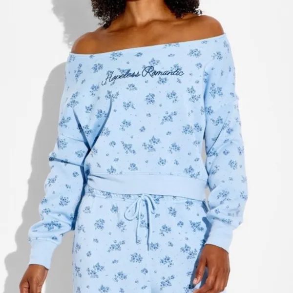Mighty Fine Hopeless Romantic Floral Off Shoulder Cropped Sweatshirt‎ Blue SM - Image 5