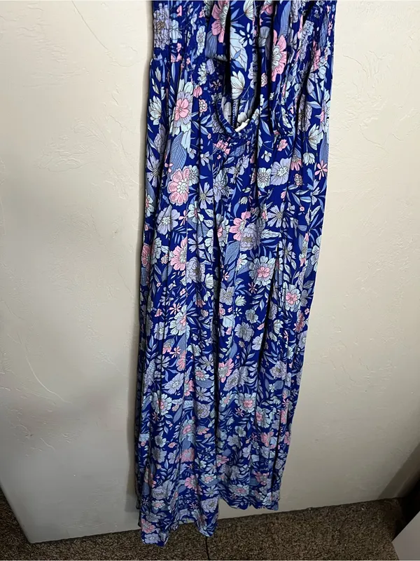 Abel The Label Blue Pink Floral Tie Back Bell Cottage Front Slit Maxi‎ Dress - Image 9