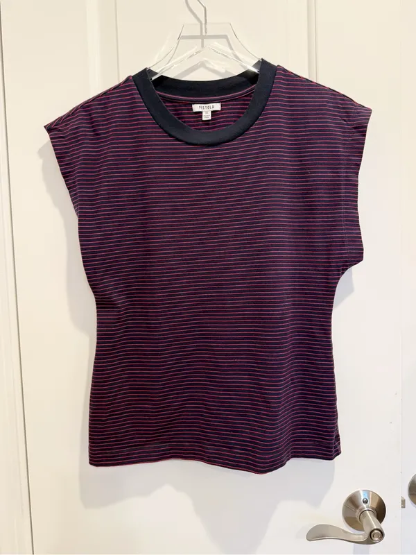 PISTOLA Marina Wide Shoulder Muscle‎ Tee Mariner’s Stripe Navy Blue and Red XS - Image 3