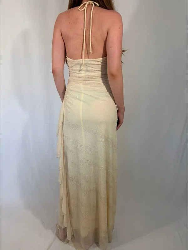 Sparkly Cream White Vintage Halter Neck Ruffle Party Formal Dress - Image 3