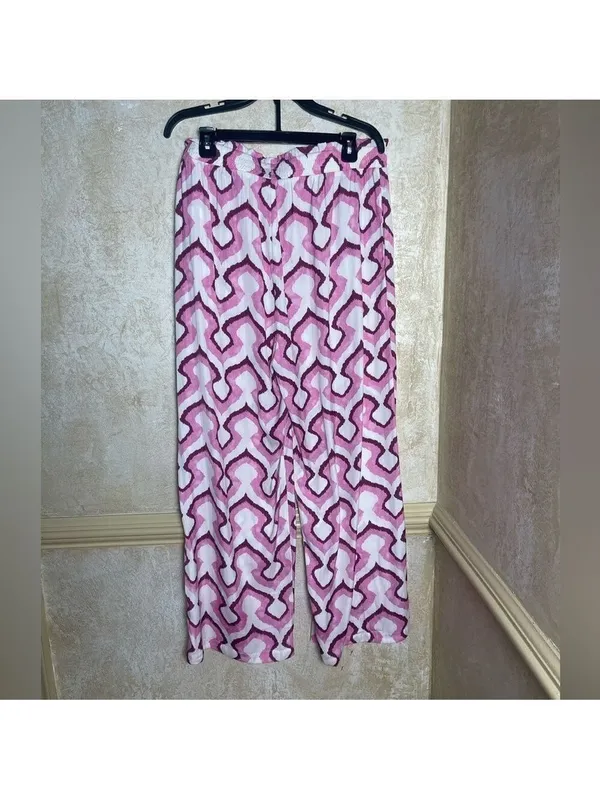 Rose + Olive Pink Geometric Wide Leg Flowy Palazzo Silky Pants L Coastal Resort - Image 4