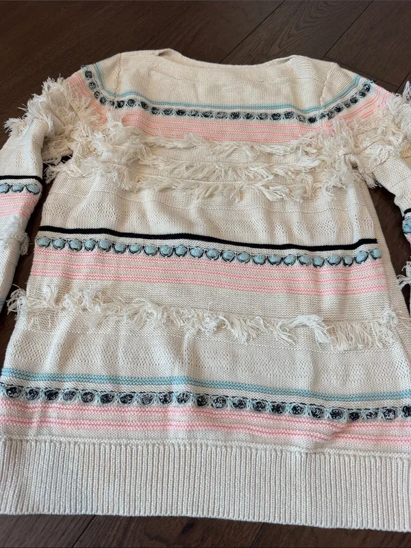 Loft Fringe Detail Cream Striped Women’s Sweater Size Small - C54-155 - Image 2