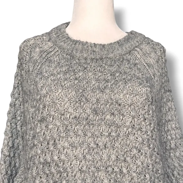 Gray Marled Chunky Open Knit Oversized Sweater Fisherman Cozy Cabin Crewneck - Image 2
