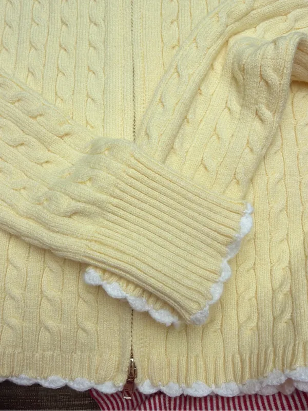 Frankie's Bikinis Pale Yellow Cable Knit Zip Cardigan - Image 3