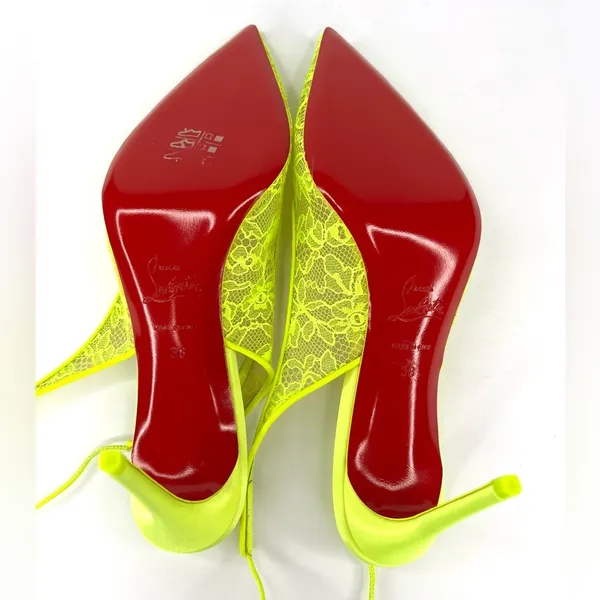 Christian Louboutin Kate 85mm Lace Wraparound Neon Fluo Yellow Pumps EU 38 - Image 9