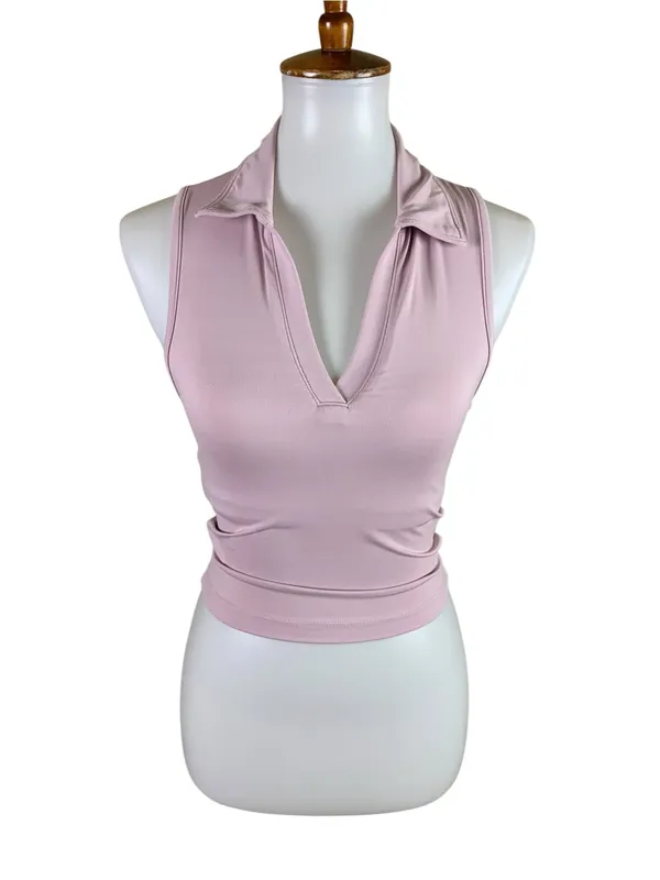 Beyond Yoga Pink Sleeveless Collared V Neck Tank Top XS Stretch Athleisure - Image 2
