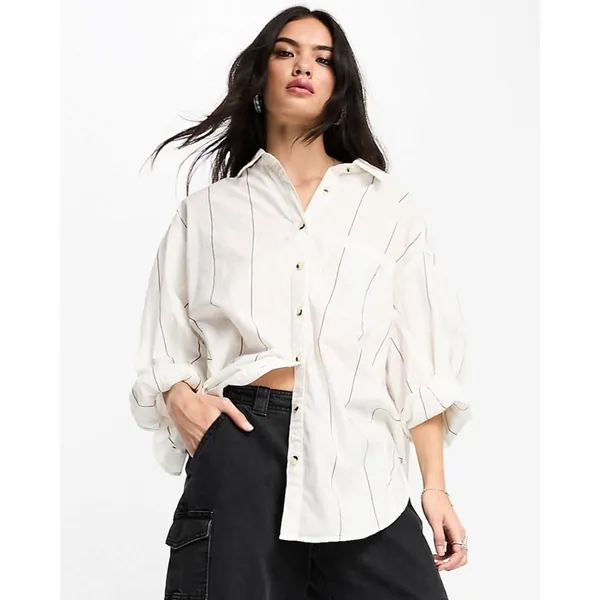 Free People Oversized Happy Hour Stripe Button Down Top White Black Small Preppy - Image 5