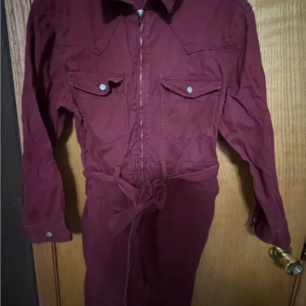 Women's Burgundy denim Jumpsuit size medium cropped length - Image 2