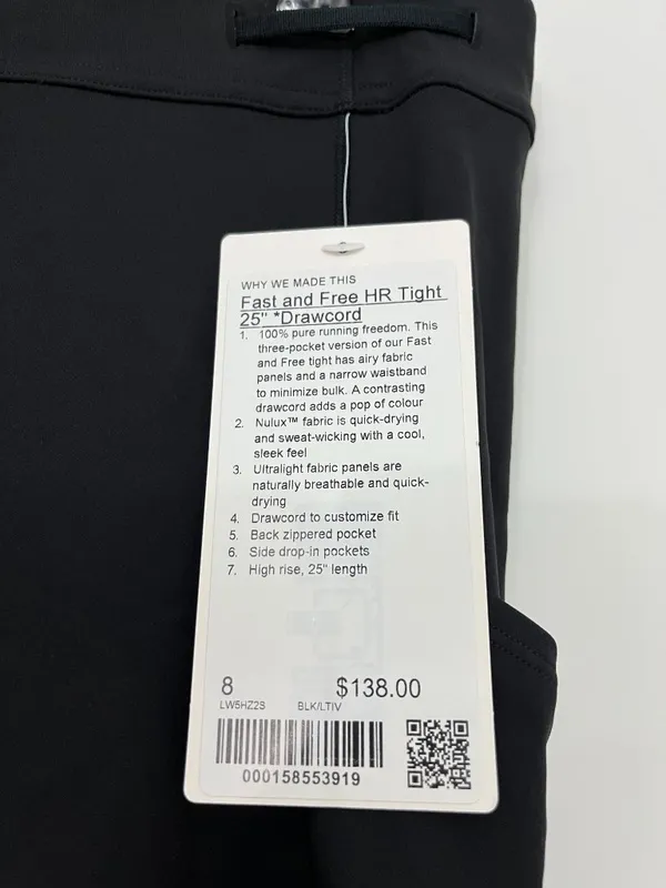 NWT Lululemon Fast and Free HR Tight 25" Drawcord Size 8 Black - Image 3