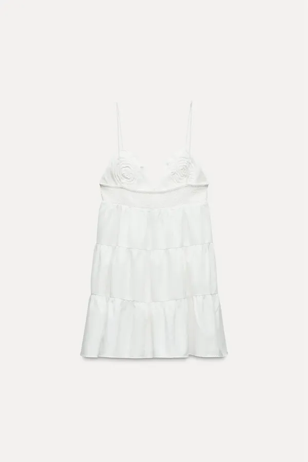 Zara dress mini Boho floral ruffle Poplin flowy cotton white summer vacation - Image 9