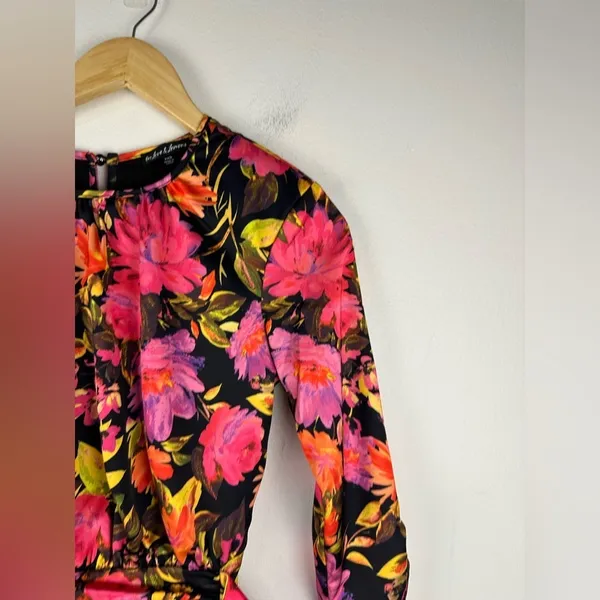 For Love and Lemons Dakota Black Floral Satin Long Sleeves Ruffle Dress Sz XXS‎ - Image 5