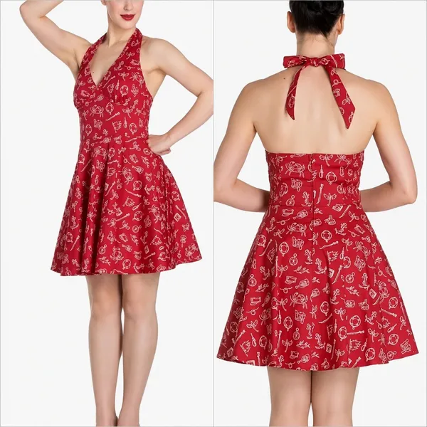 Hell‎ Bunny Red Nautical Print Halter Dress Womens Large Rockabilly Retro Pinup - Image 2