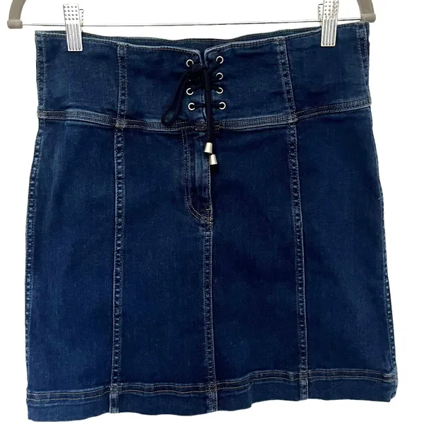 Free People Y2K Corset Denim Skirt Sz 10 Festival Indie Sleaze Dark Wash Mi - Image 2