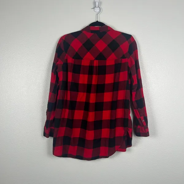 H&M Women's Button Front‎ Buffalo Plaid Shirt Red Black Sz 12 - Image 5