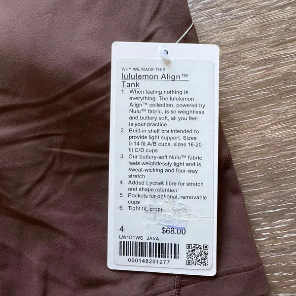 Lululemon Align Tank Cropped JAVA Size 4 NWT - Image 3