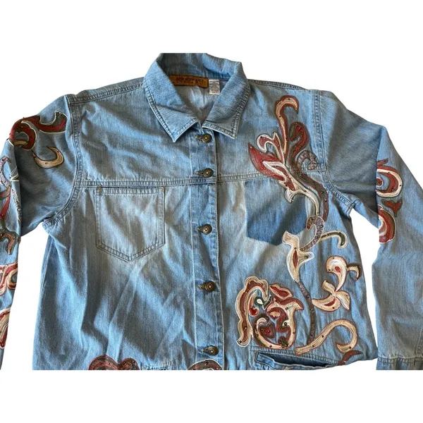 Erik‎ Stewart Vintage Denim Jacket Womens L Floral Embroidered Boho Size 2 - Image 9