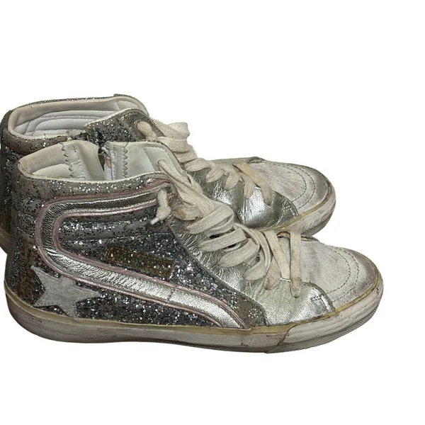 Golden Goose Slide High Top Sneakers 37 Silver Glitter Star GGDB - Image 2