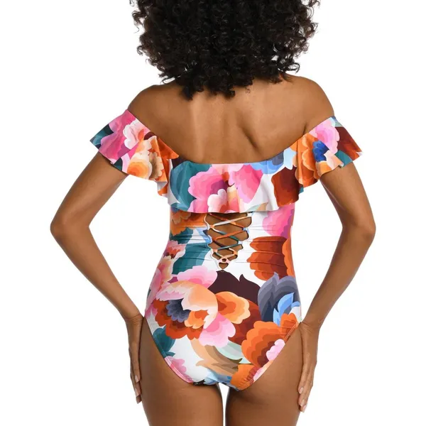 La Blanca Rhythm Off-The-Shoulder Ruffle-Trim One-Piece Swimsuit Multi Pink 6 - Image 7