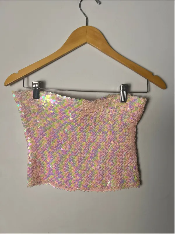 Hugo Buscati Vintage 90s Pink Sequin Prom Set Iridescent Tube Top Maxi Skirt Fairy Y2K - Image 6