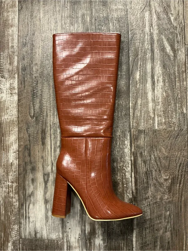 Nasty Gal Croc-Embossed Knee Boots - Chestnut Brown Size 6 - Image 3