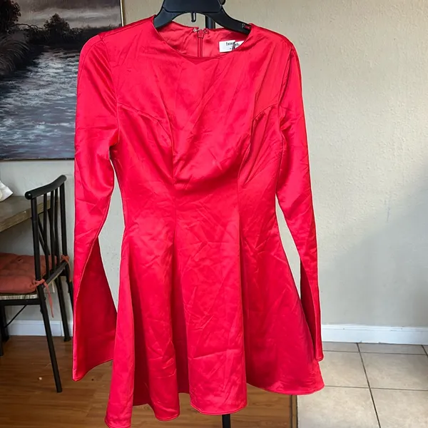 House of CB Sacha Red Satin Mini Dress‎ Long Flare Sleeve Bodycon Womens S - Image 5