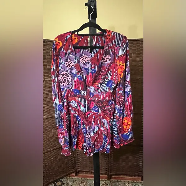 NEW Free People Audrey Long Sleeve V-Neck Romper – Red – Size 6 - Image 3