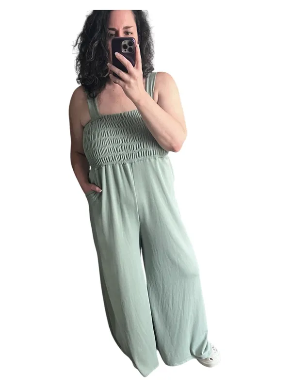 Ces Femme Boutique smocked jumpsuit light sage green - Image 2