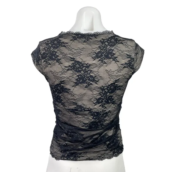 Abercrombie & Fitch Womens Black Floral Lace Cap Sleeve Sheer Crop Blouse Top S - Image 3