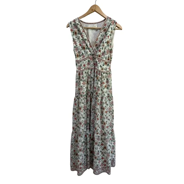 Max Studio Floral V-Neck Tiered Maxi Dress Smocked Back Sleeveless Size XS - Image 2