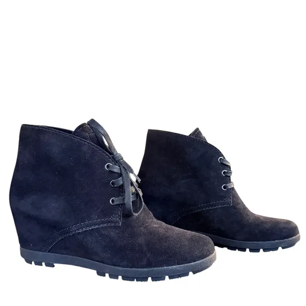 Quiet Luxury Prada Suede Wedge Ankle Boots Black‎ Size 37.5 - Image 2