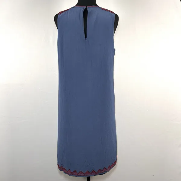 Madewell‎ 100% Silk Boho Geometric Embroidered Shift Dress Blue Red Size L - Image 6
