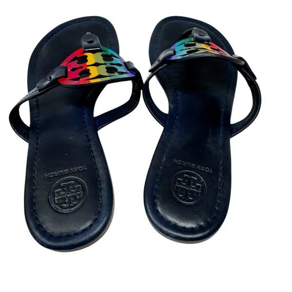 TORY BURCH Navy Blue Rainbow Stripe Miller Logo Patent Leather Sandals Size 7 - Image 5