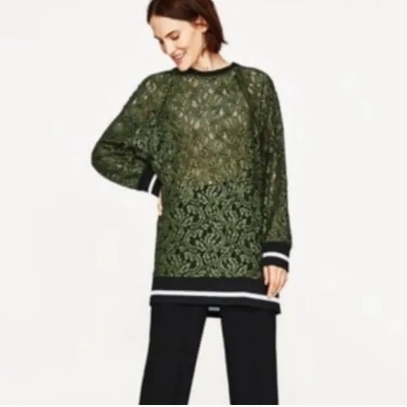 Zara 58R Woman‎ Olive Green Floral Lace Sweatshirt Tunic Raglan Sleeve Small - Image 2